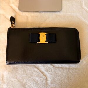 Salvatore Ferragamo Vara Bow Black Leather Wallet with Gold Hardware